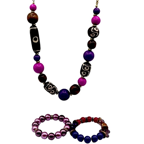 Colorful Beaded Necklace & Bracelet Set  Fun Funky and Fabulous Jewelry  12” Nec - Picture 1 of 9